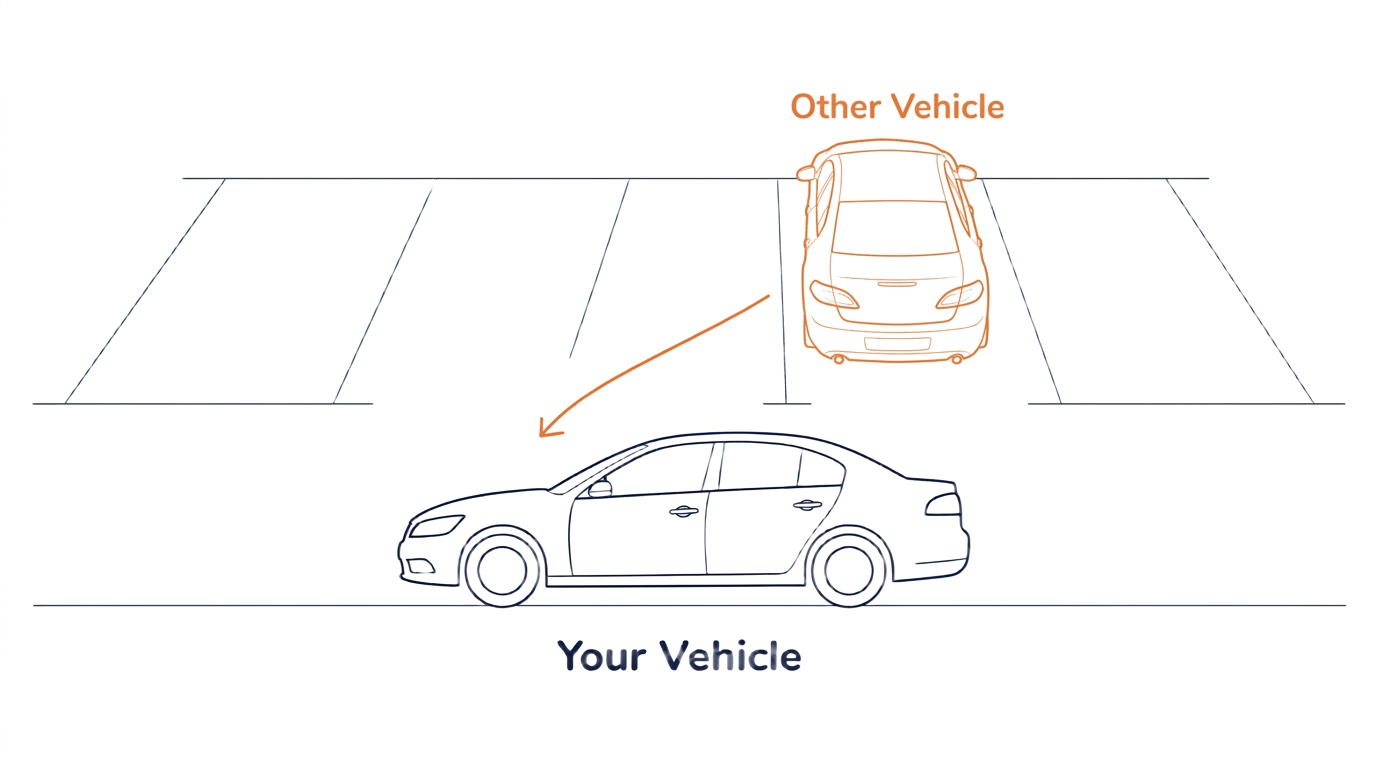 Diagram showing one vehicle reversing from a parking bay towards another vehicle travelling through a car park.
