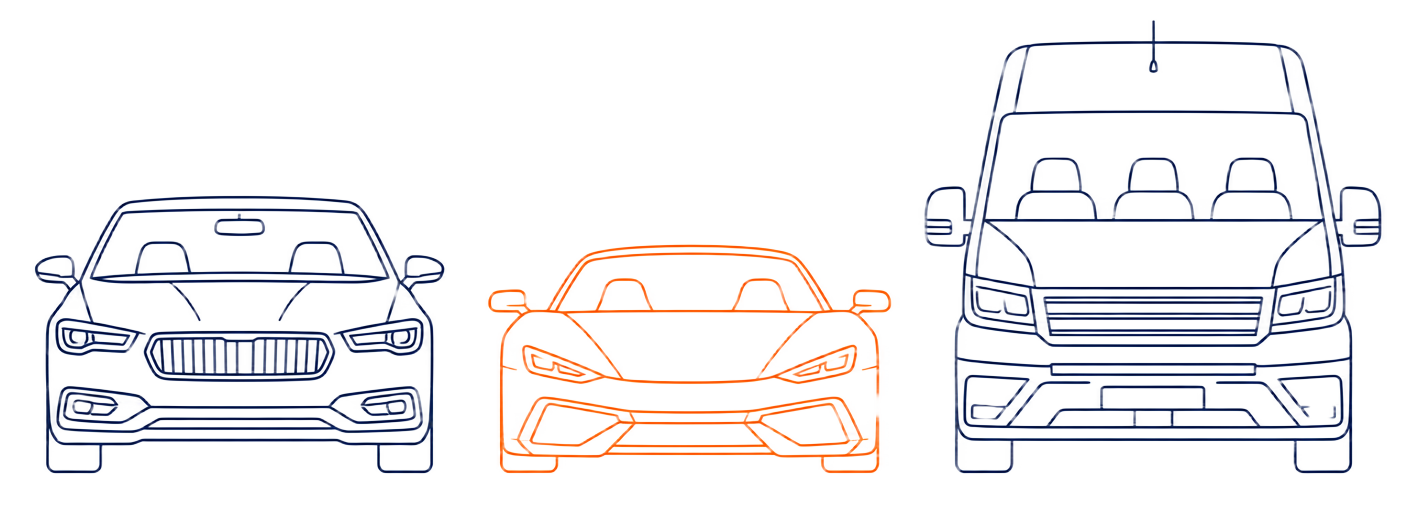 Line art of a saloon car, a sports car and a van side by side.