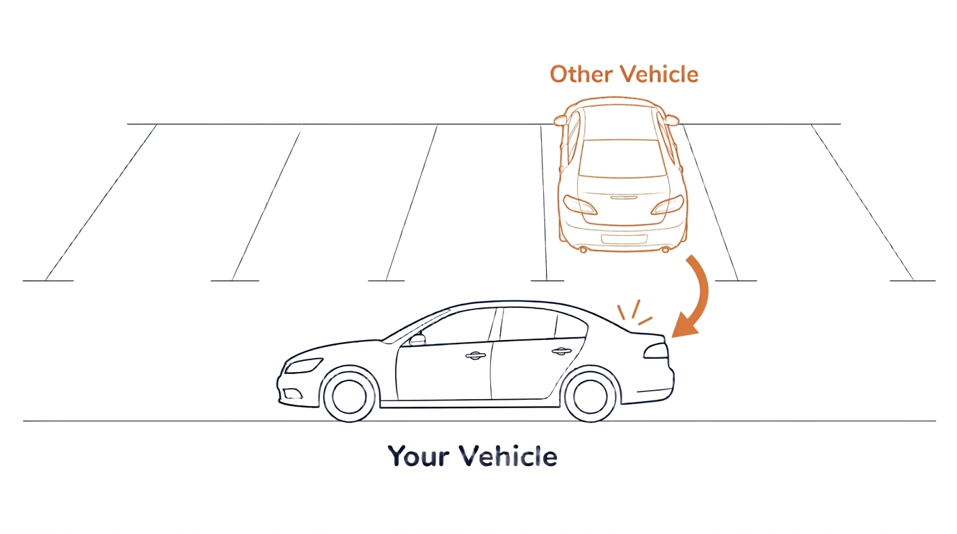 Diagram showing an orange vehicle reversing backwards into a stationary navy vehicle.
